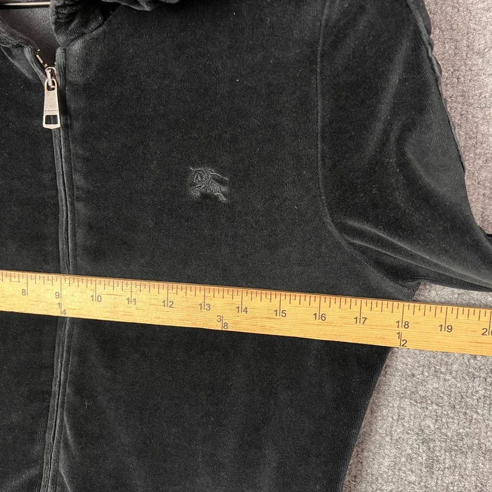 Burberry Hoodie Women Size M Black Excellent Velour Full Zip Ruffle Sleeve Brit - Picture 4 of 9